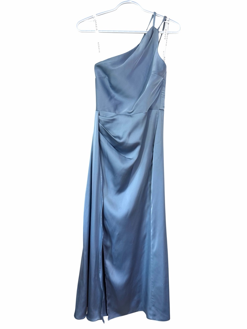 Azazie Mika Dusty Blue One-Shoulder Stretch Satin Dress